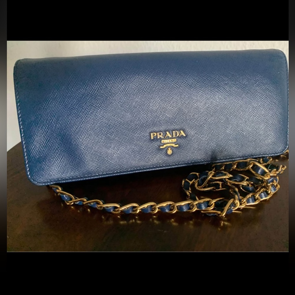 Prada Navy Leather Wallet with Gold Chain